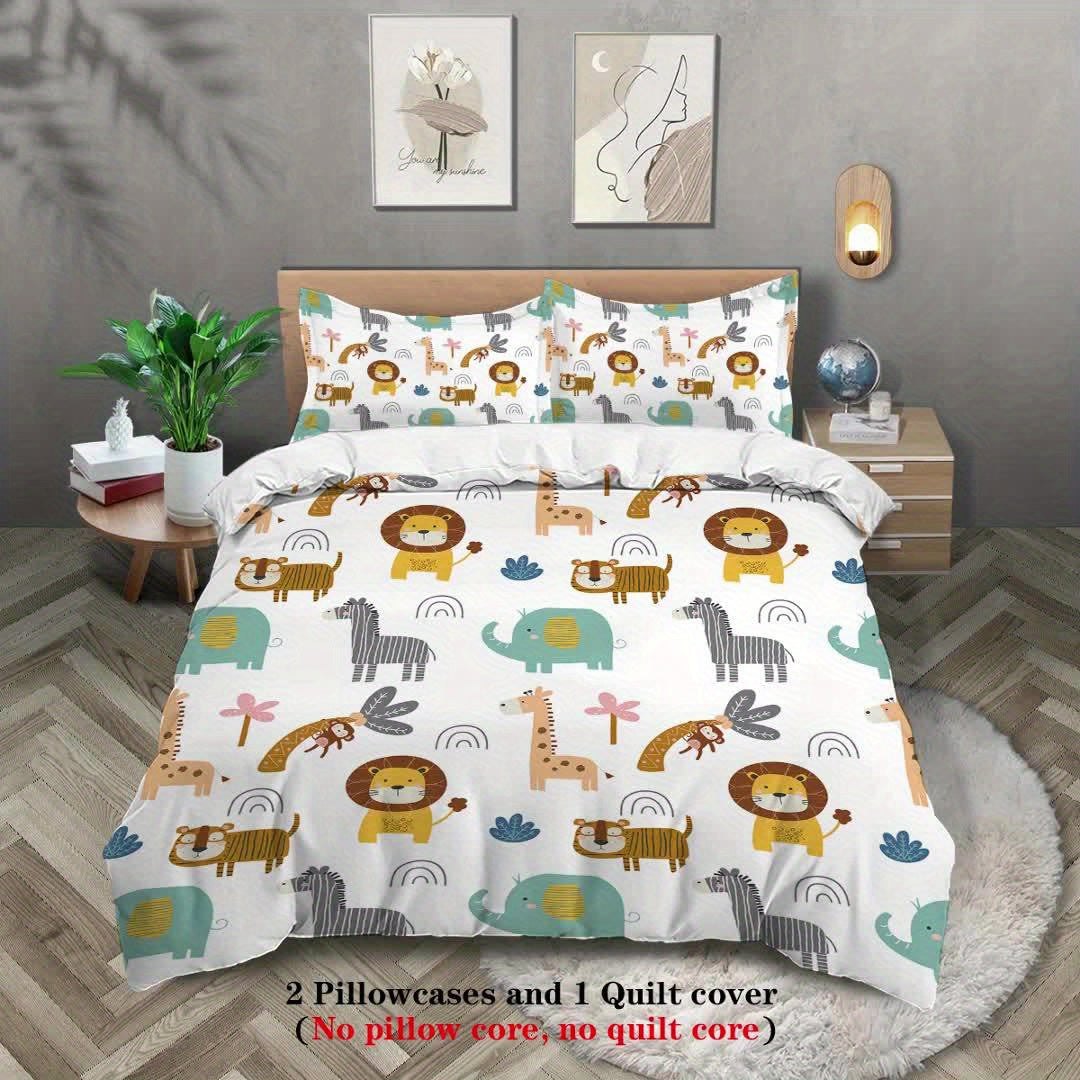 3pcs duvet cover set with cute lion, elephant and zebra