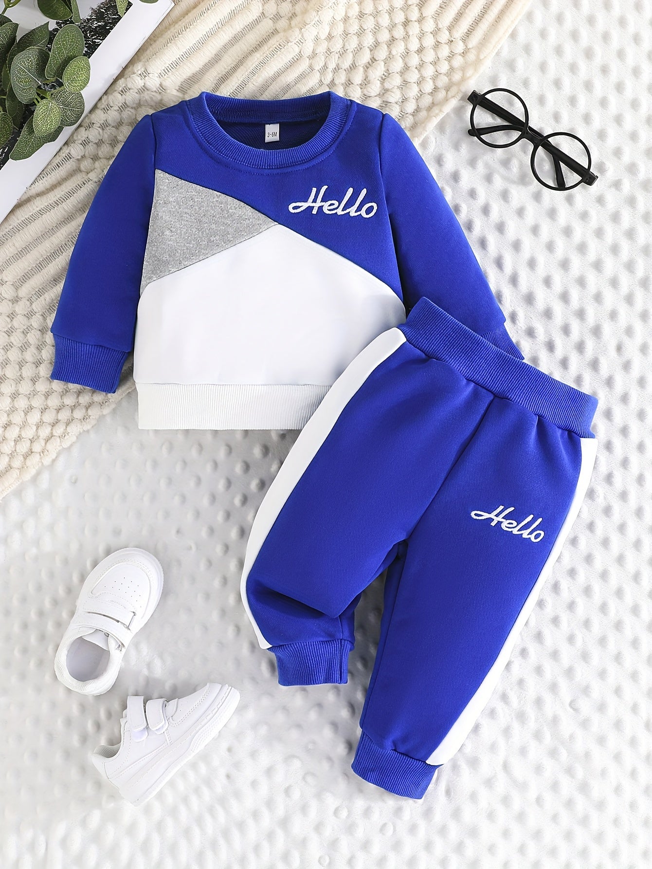 Sporty Blue & White Hello Print Hoodie And Pants Set For Kids - BabyHaven
