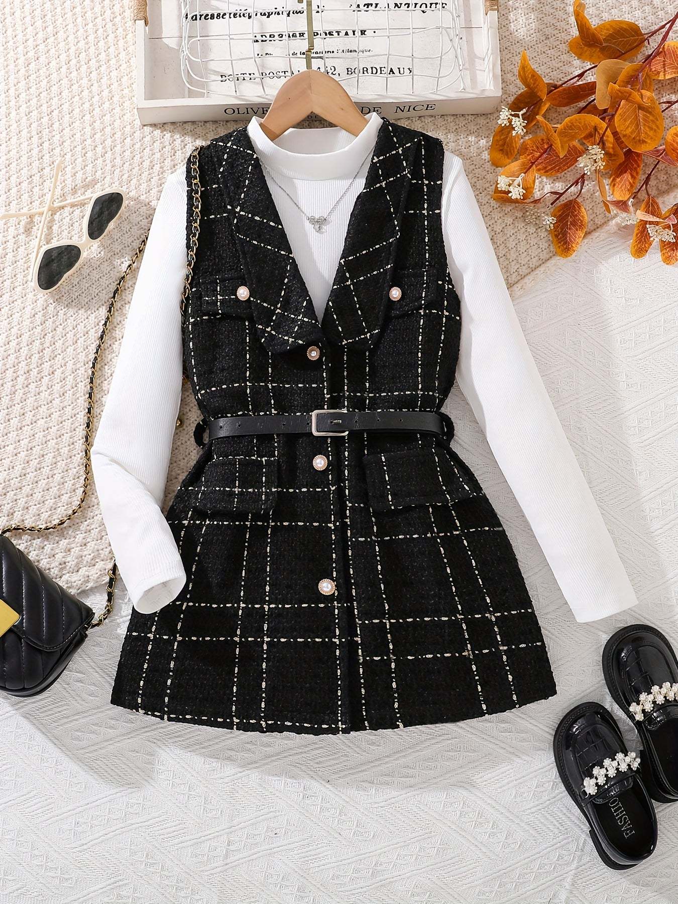 Trendy girls' fall outfit with plaid vest and white long-sleeve top.