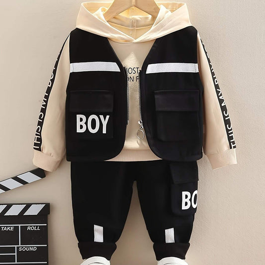 Trendy boys' three-piece set with bold 'Boy' design, high-quality cotton, and comfortable fit.