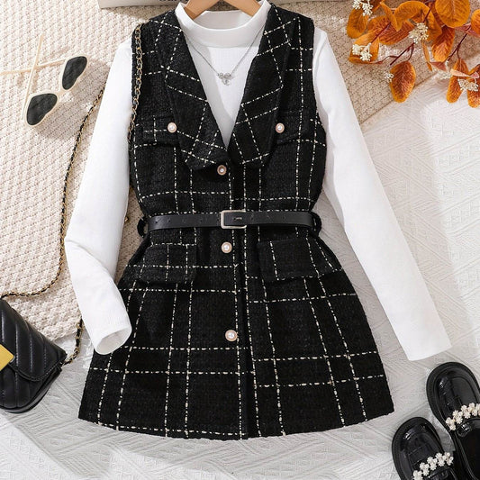 Trendy girls' 2-piece fall outfit with checkered vest and long-sleeve top.