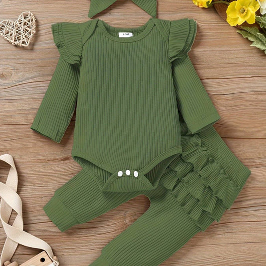 Charming Trio 3-Piece Outfit Set with Headband for Girls, green ruffled long-sleeve top and pants.