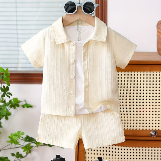 Summer Boys Apricot Striped Collared Shirt and Shorts Set for Outdoor Casual Activities - BabyHaven
