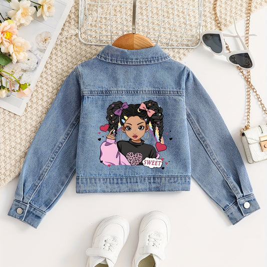 Fashionable girls' denim jacket with artistic portrait pattern, perfect for spring and fall.