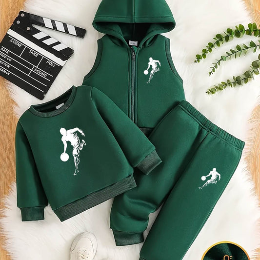 Sporty three-piece set for boys with soccer player design on green fabric.