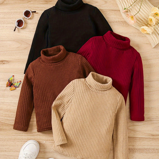 Four stylish turtlenecks in various colors from the 4pcs Girls Stretchy Turtleneck Set for All Seasons, perfect for any wardrobe.