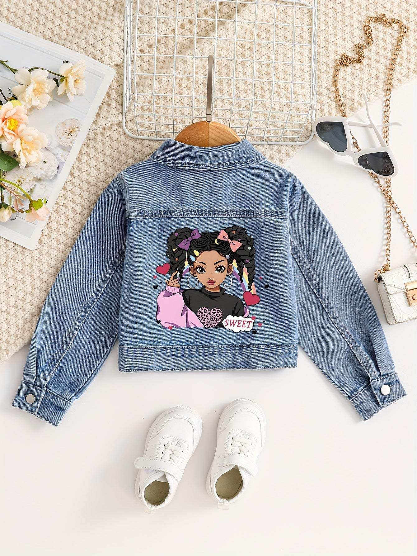 Fashionable girls' denim jacket with artistic portrait pattern, ideal for spring and fall.