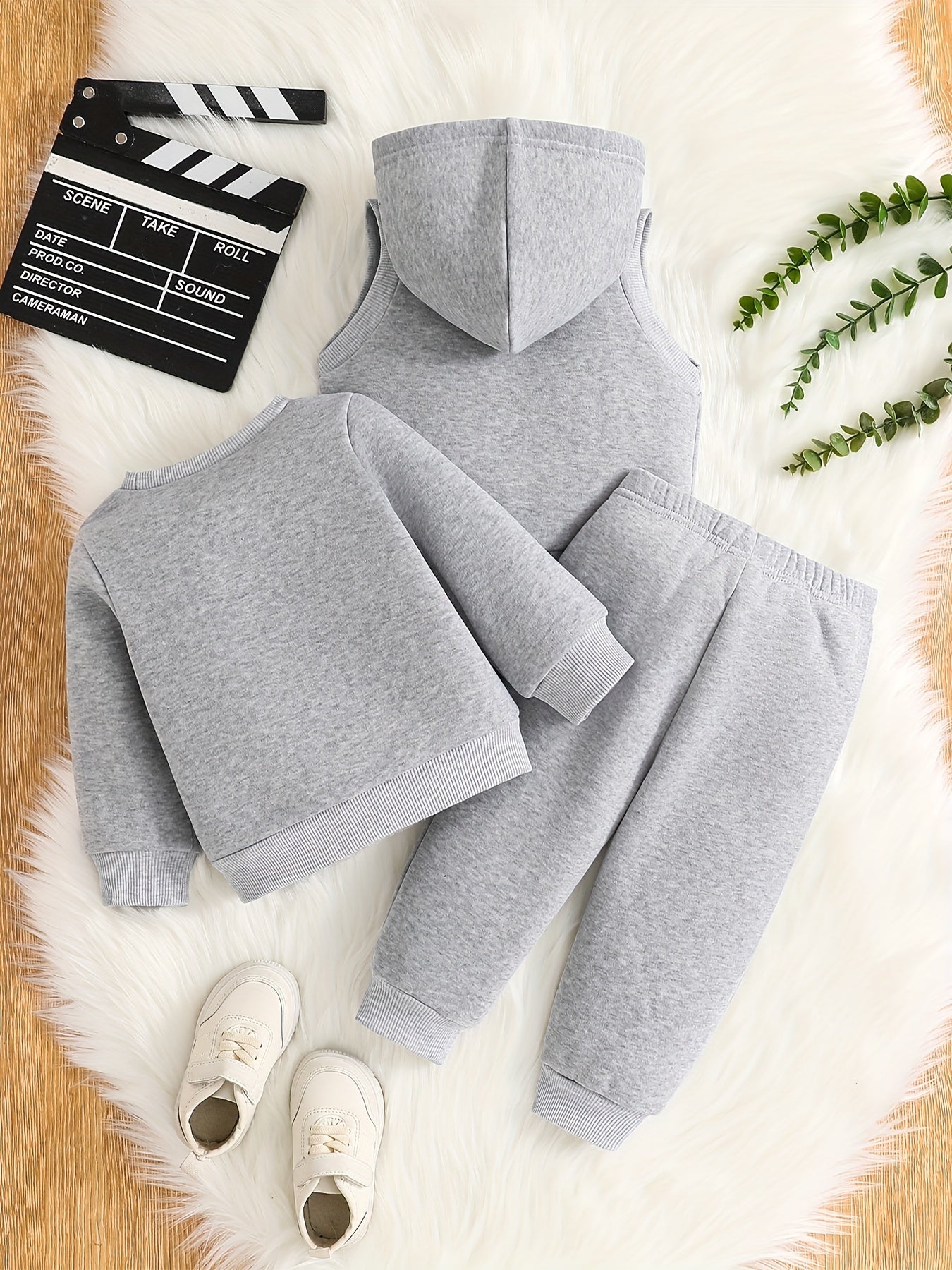 Boys' 3pcs Fleece-Lined Hoodie & Vest Set for Fall Outdoor