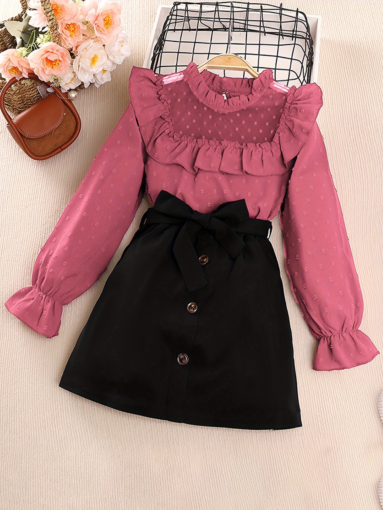 2pcs Set for Girls Featuring a Lace Patchwork Long - Sleeve Top - BabyHaven