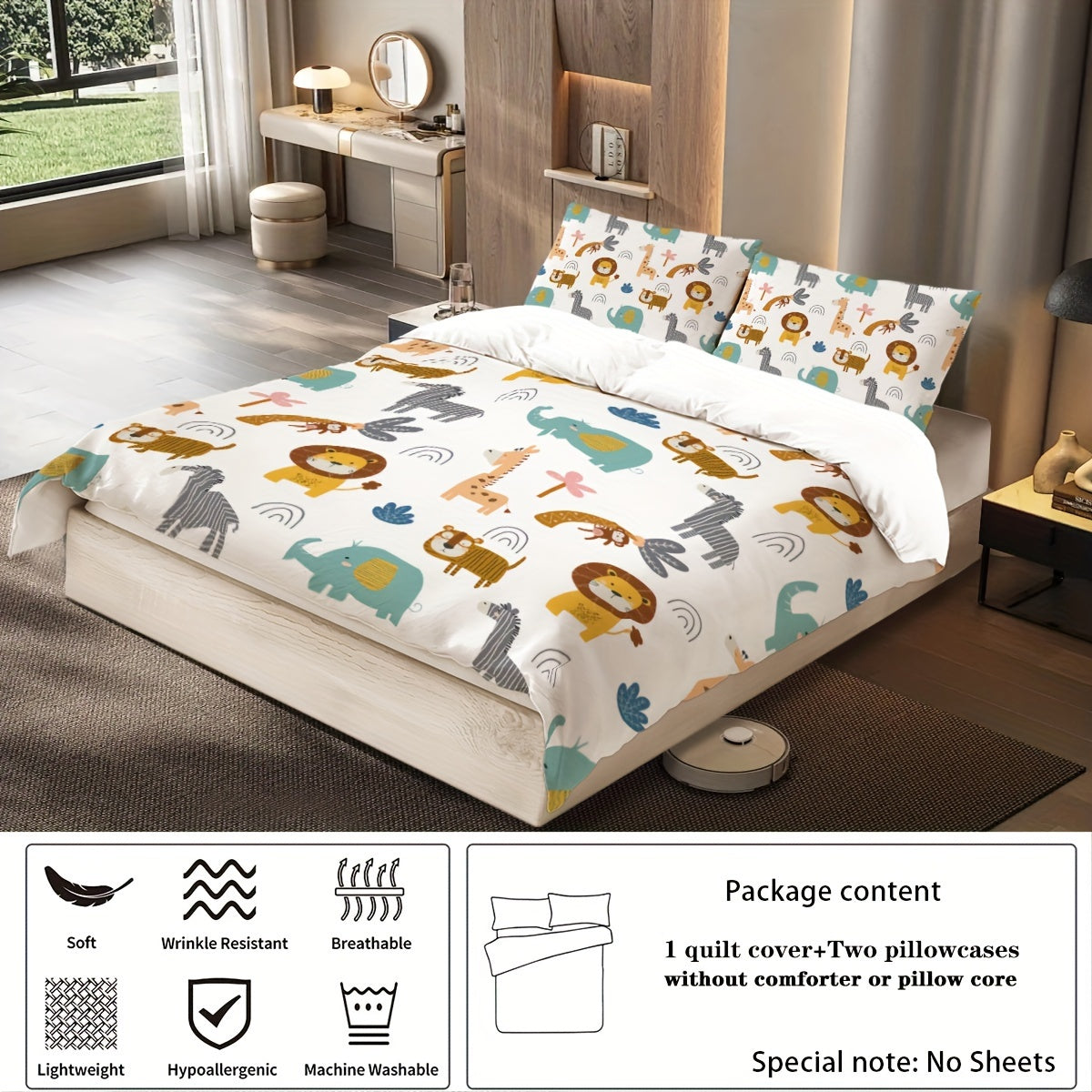 3pcs duvet cover set with cute lion, elephant and zebra