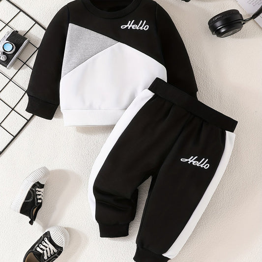 Sporty Blue & White Hello Print Hoodie And Pants Set For Kids - BabyHaven