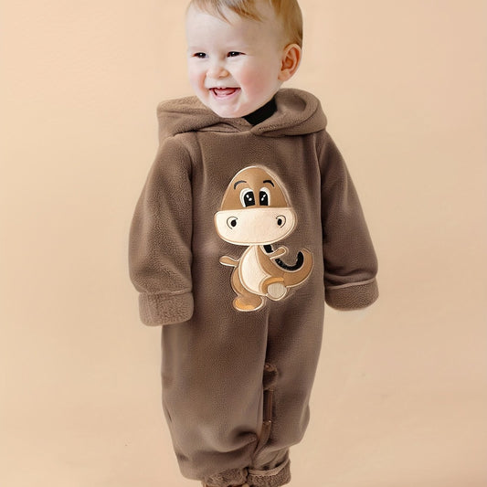 Baby's Adorable Dinosaur Embroidery Warm Fuzzy Hooded Long Sleeve Bodysuit, Toddler & Infant Boy's Outdoor Clothes For Fall Winter