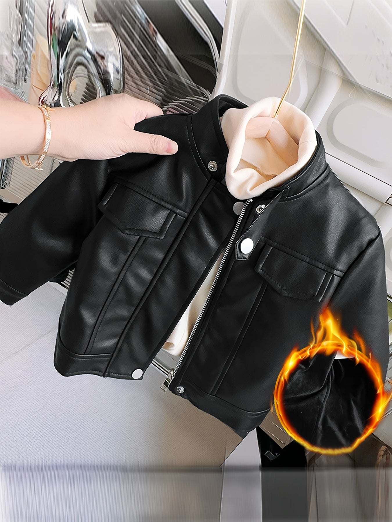 trendy leather jacket for girls with zipper and button detail