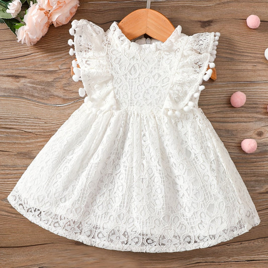 Elegant Lace Overlay Cotton Dress With Pompom Trim for Girls - BabyHaven