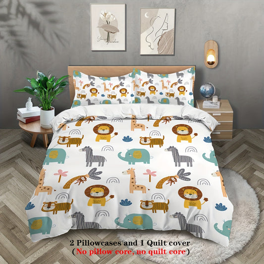 3pcs duvet cover set with cute lion, elephant and zebra