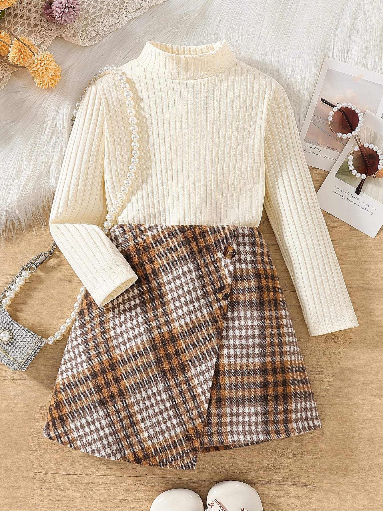 Stylish two-piece set with a chic checkered skirt for fall and winter.