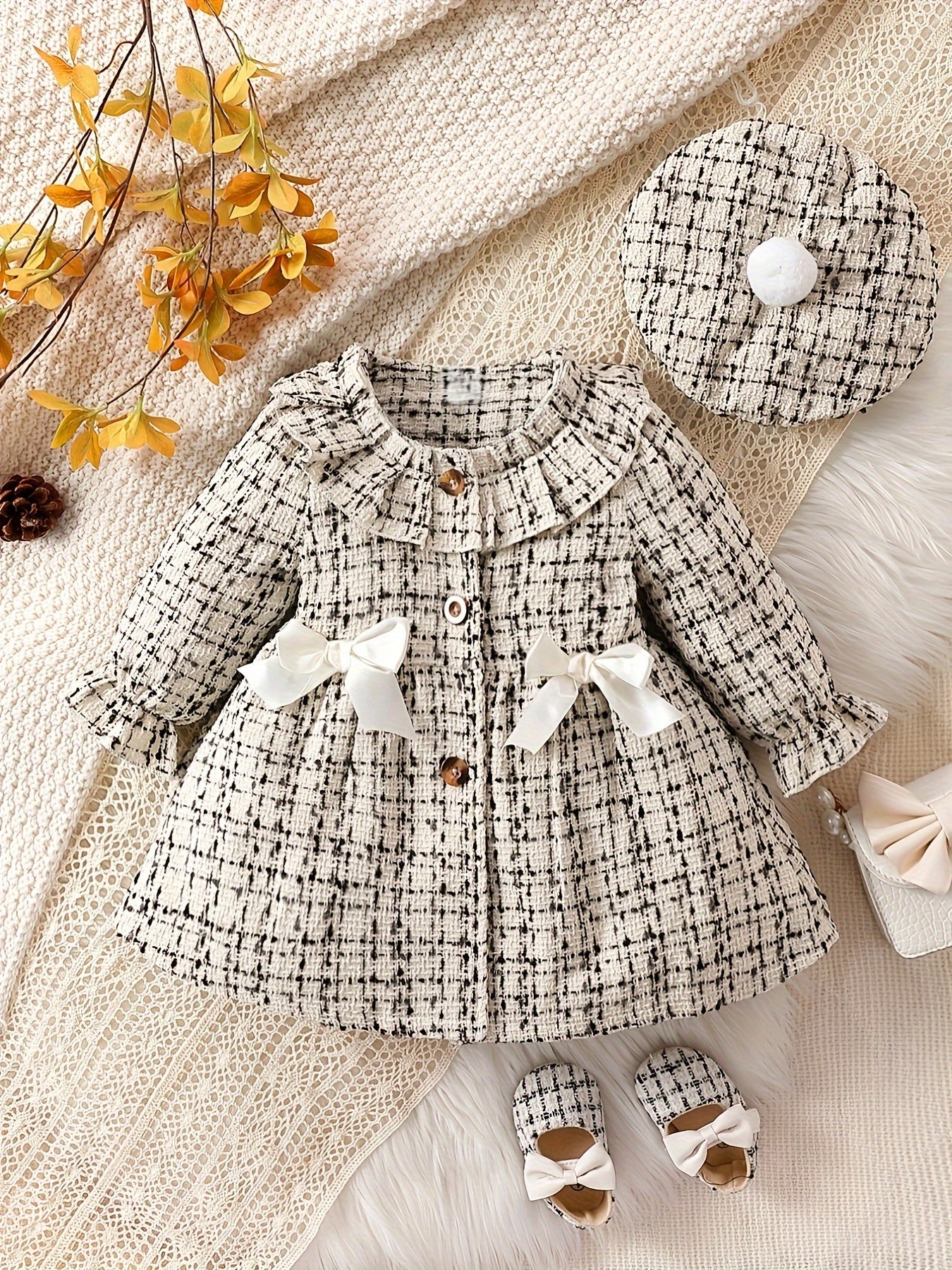 Baby Elegant Bowknot Decor Ruffled Tweed Long Sleeve Dress for Infant and Toddler Girls Daily Wear Holiday Party Gift - BabyHaven