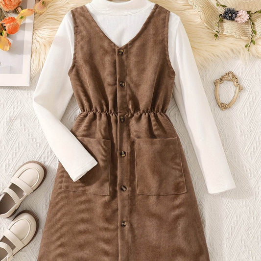 Fashionable two-piece dress with elegant long sleeves and brown buttoned design.