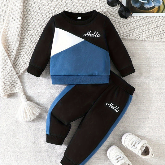 Sporty Blue & White Hello Print Hoodie And Pants Set For Kids - BabyHaven