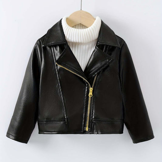 Trendy girls' pink leather jacket, stylish and durable, perfect for adding flair.