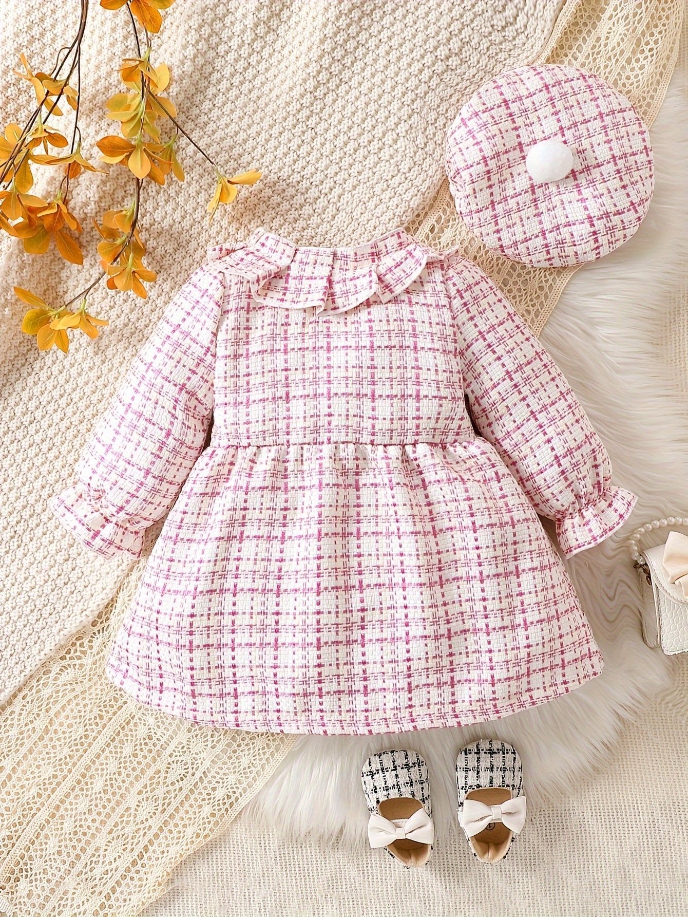 Baby Elegant Bowknot Decor Ruffled Tweed Long Sleeve Dress for Infant and Toddler Girls Daily Wear Holiday Party Gift - BabyHaven
