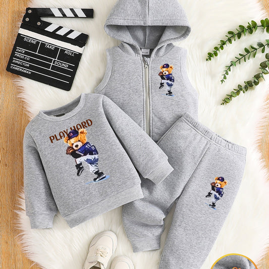 Boys' 3pcs Fleece-Lined Hoodie & Vest Set for Fall Outdoor