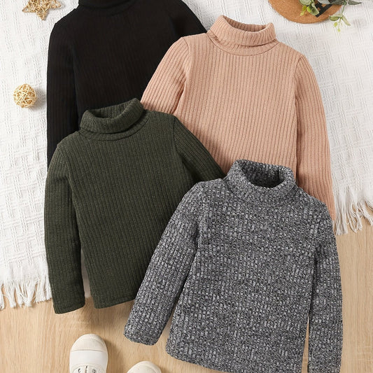 Four stylish turtlenecks in different colors form the 4pcs Girls Stretchy Turtleneck Set for All Seasons, perfect for any wardrobe.