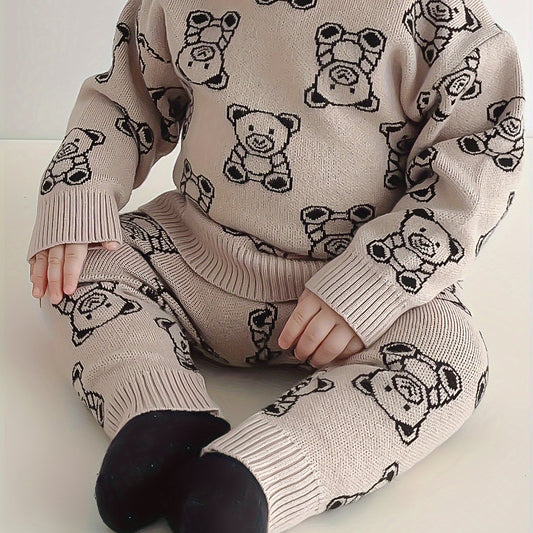 Adorable Bear Jacquard Knit Sweater & Warm Pants Set for Baby Boys - Cozy, Stretchy Fabric, Perfect for Fall/Winter, Perfect for Outdoor