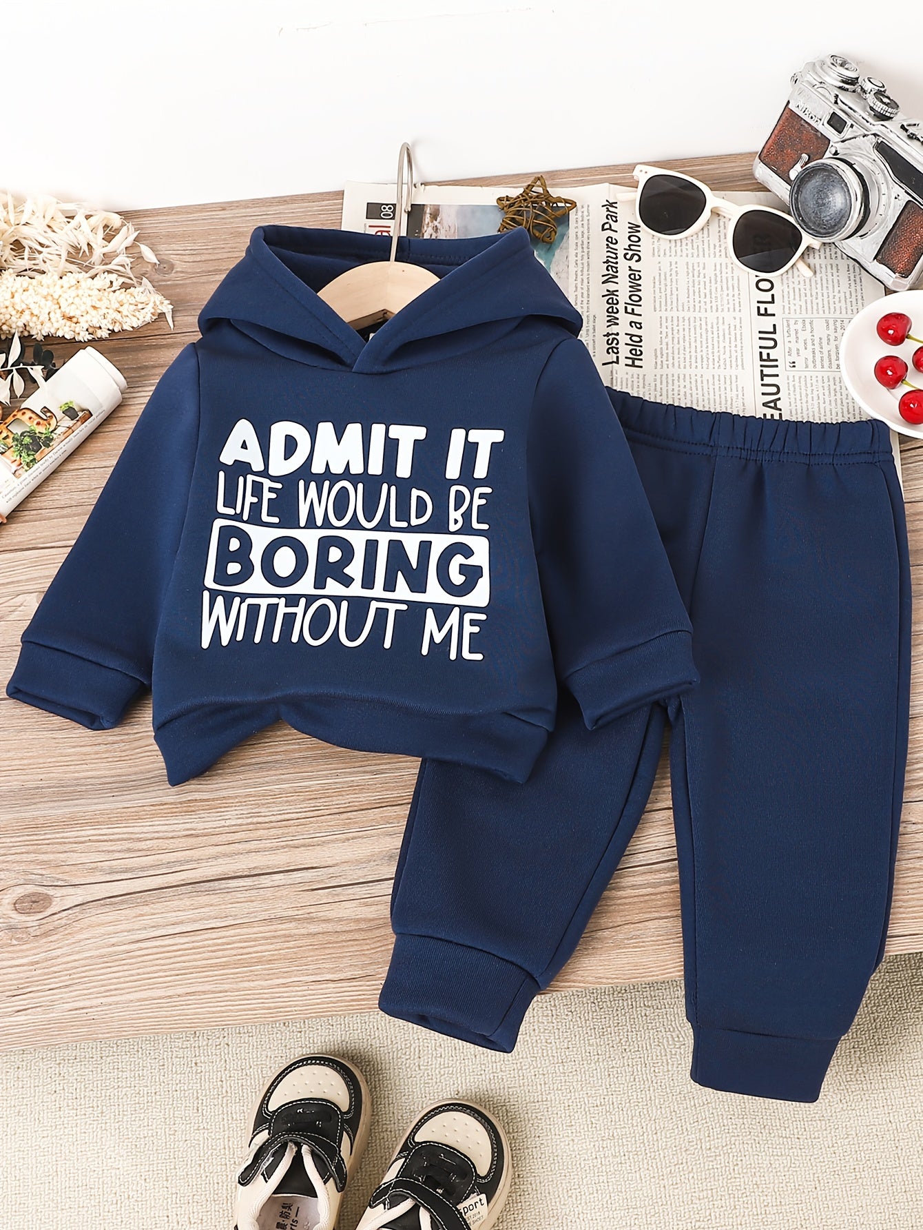 Baby Boy White Letter Print + Dark Blue Long - sleeved Sweatshirt + Casual Pants & Baby Boy Warm Two - piece Suit - BabyHaven