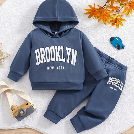 0-3 Years Old Two-piece European and American Fashion Boy's Baby Blue Letter Print Hoodie Suit