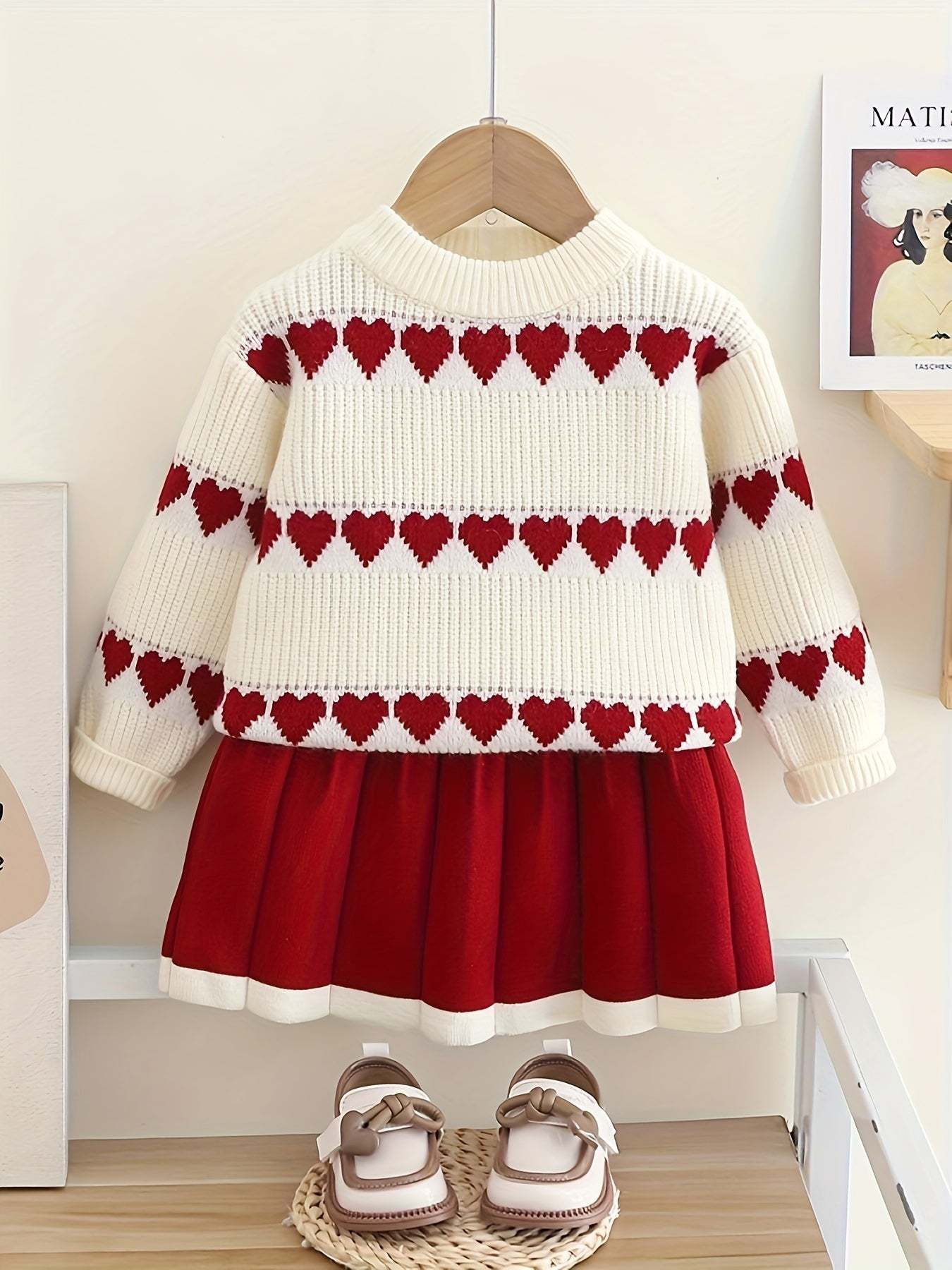 Adorable heart-patterned kids set with red hearts and matching red skirt.