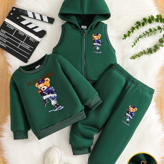 Boys' 3pcs Fleece-Lined Hoodie & Vest Set for Fall Outdoor