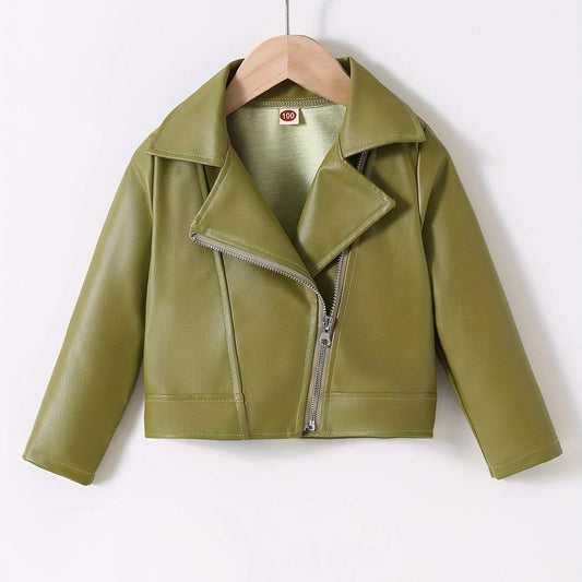 Trendy girls' green leather jacket with modern cut and stylish design.