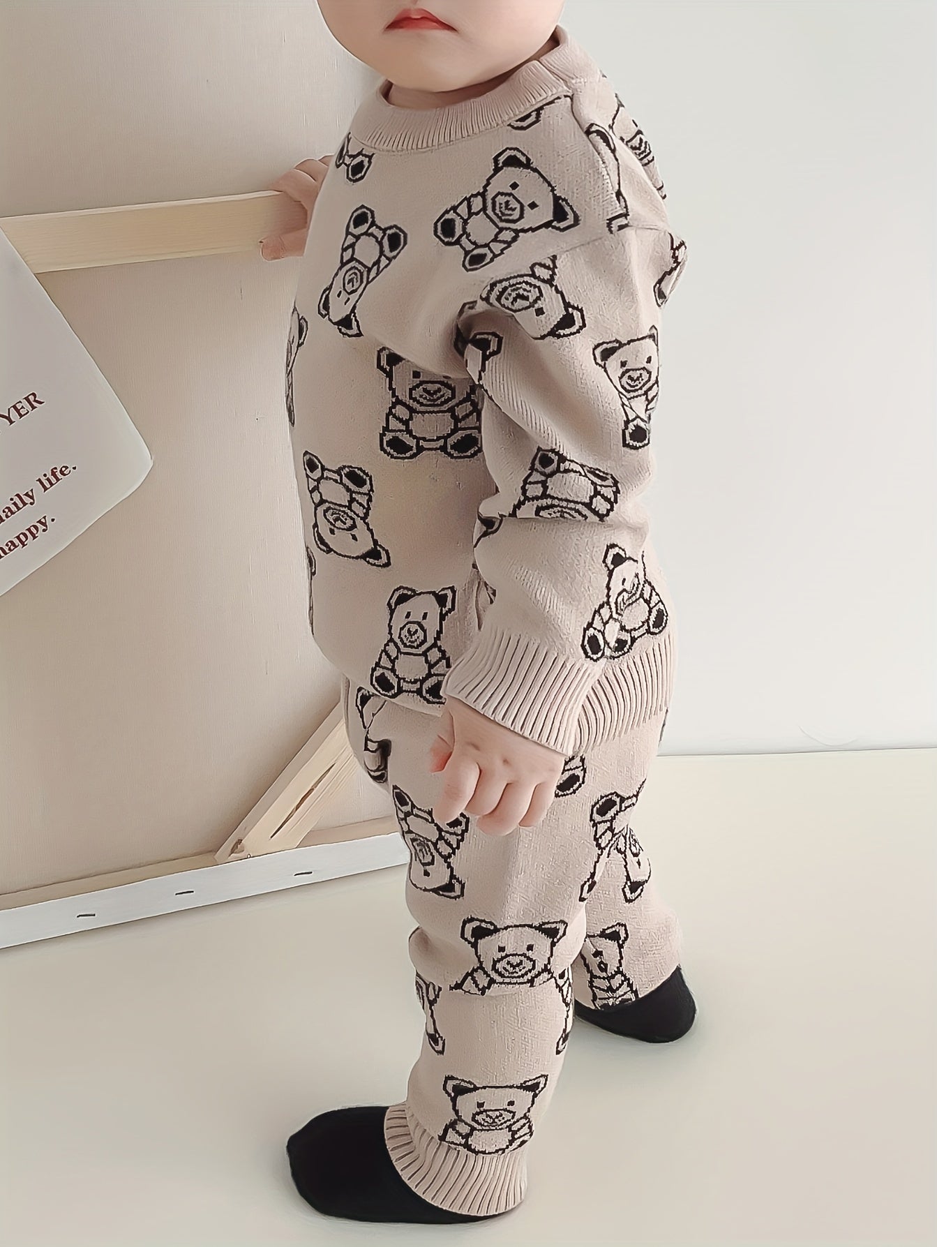 Adorable Bear Jacquard Knit Sweater & Warm Pants Set for Baby Boys - Cozy, Stretchy Fabric, Perfect for Fall/Winter, Perfect for Outdoor
