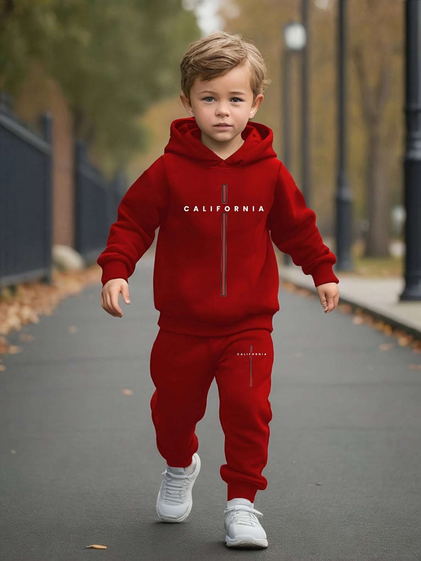 Trendy boys' California print red outfit set featuring a hooded sweatshirt and joggers, perfect for fall and winter.