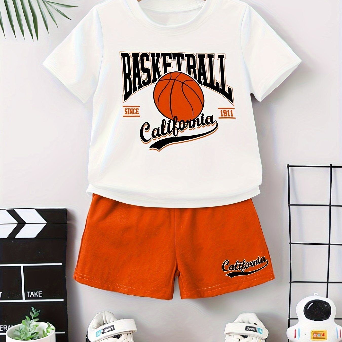 “Valentine’s Day” “Ramadan”, Boys Suit, Letter and Basketball Print, Summer Fashion Casual Simple Round Neck T-shirt and Shorts, Perfect for Outdoor