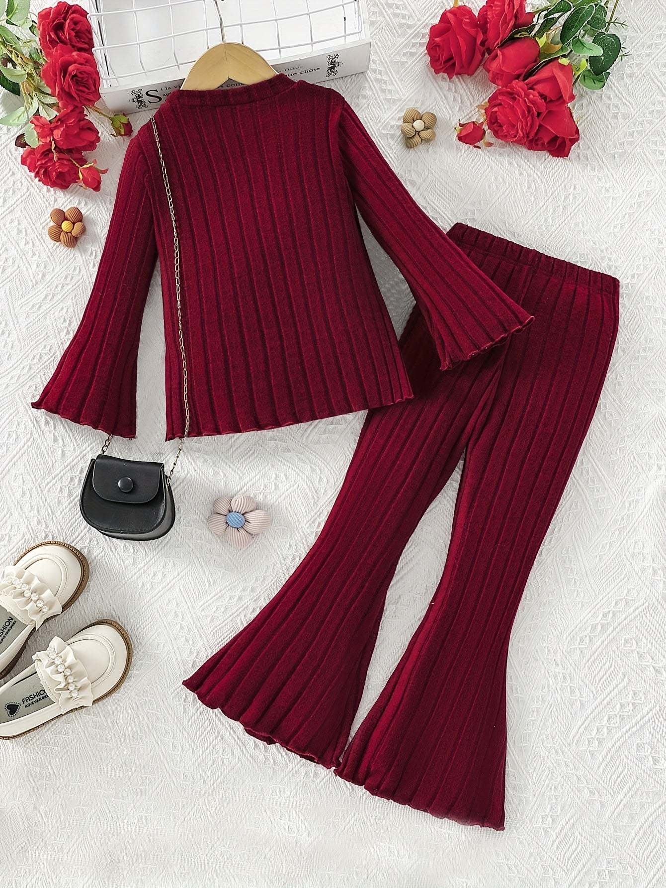 Stylish girls' outfit set in maroon with bell sleeves and flared pants.