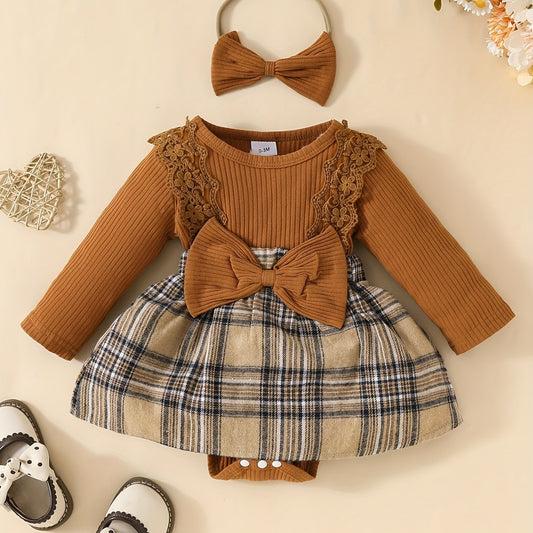 Chic Girls' Plaid Dress With Bow & Lace Detail For Autumn - BabyHaven