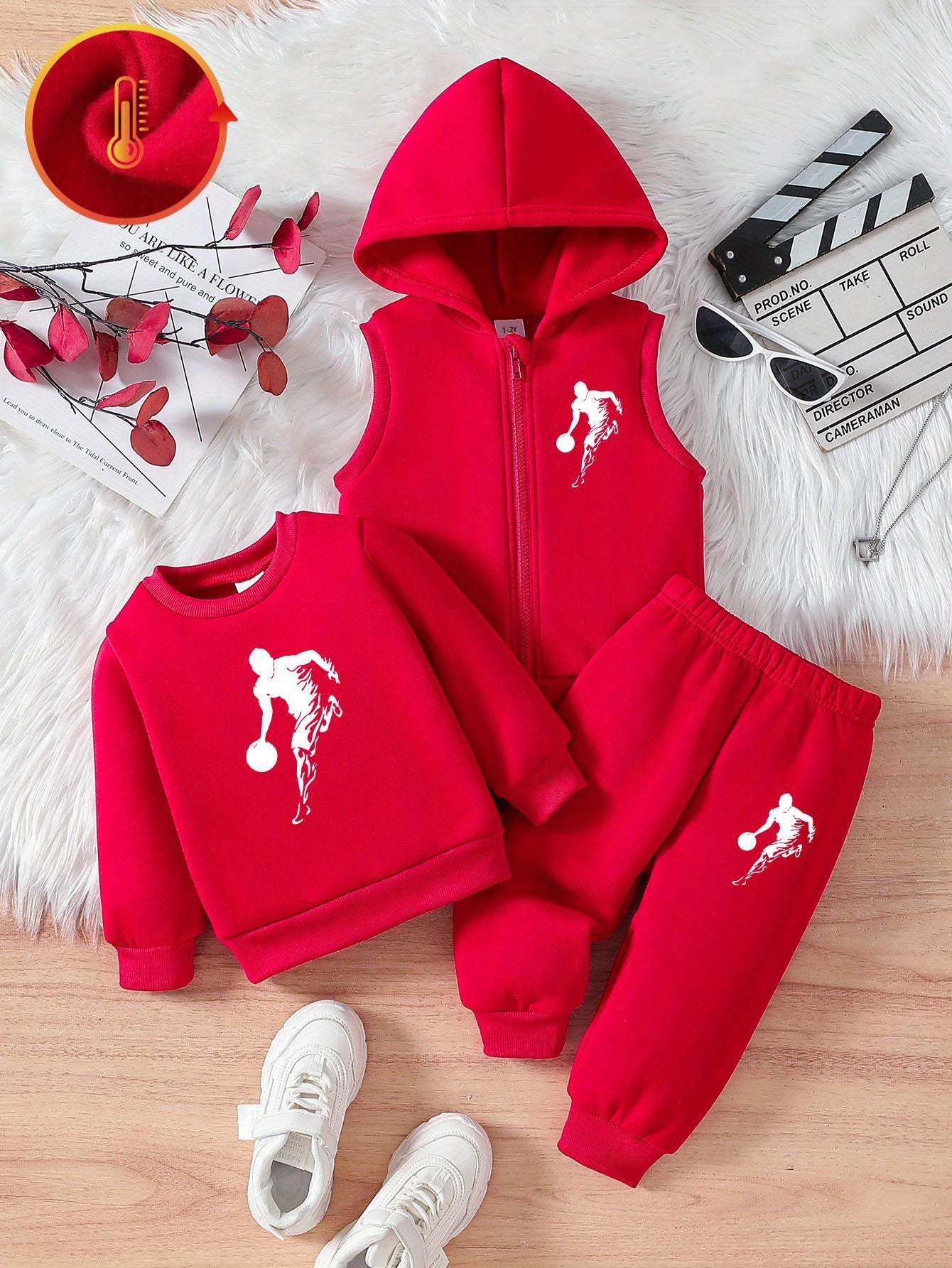 Sporty three-piece set for boys with cool soccer player design, featuring red hoodie, sweatshirt, and joggers.