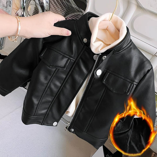 Trendy black leather jacket for girls with zipper and button details.