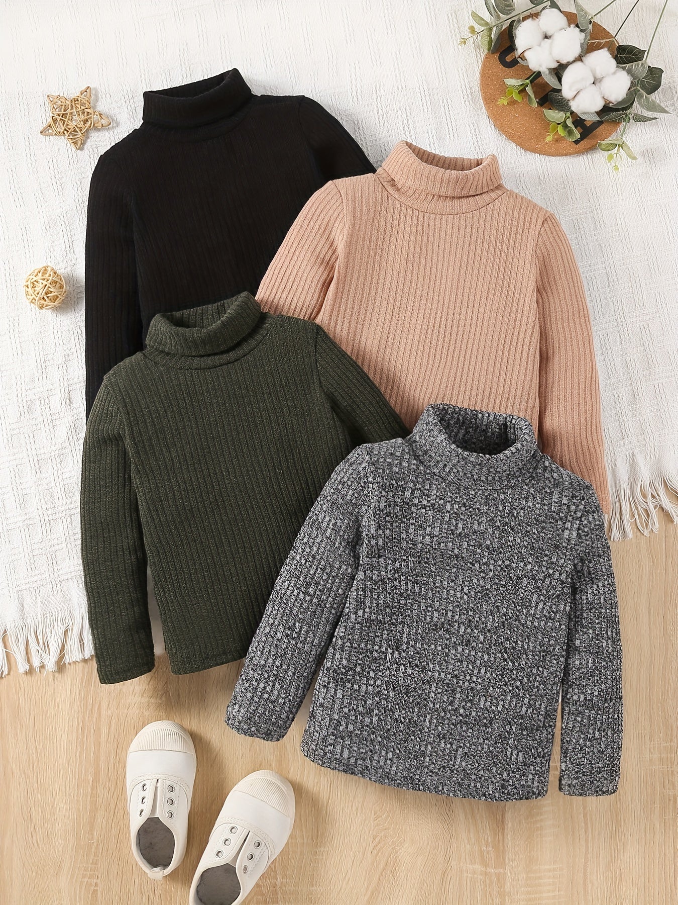 4pcs Girls Stretchy Turtleneck Set for All Seasons in versatile colors, perfect for year-round comfort and style.