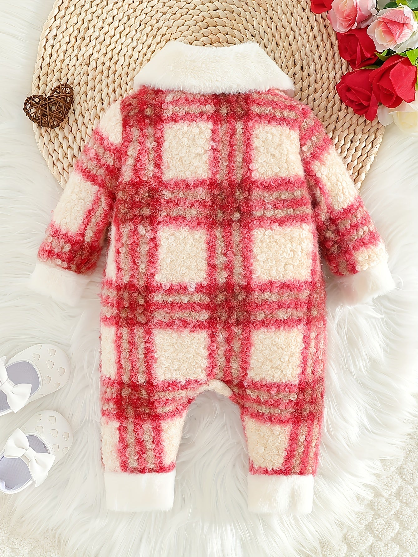 1pc Festive Plaid Fleece Baby Girl Romper for Outdoor Fun - BabyHaven