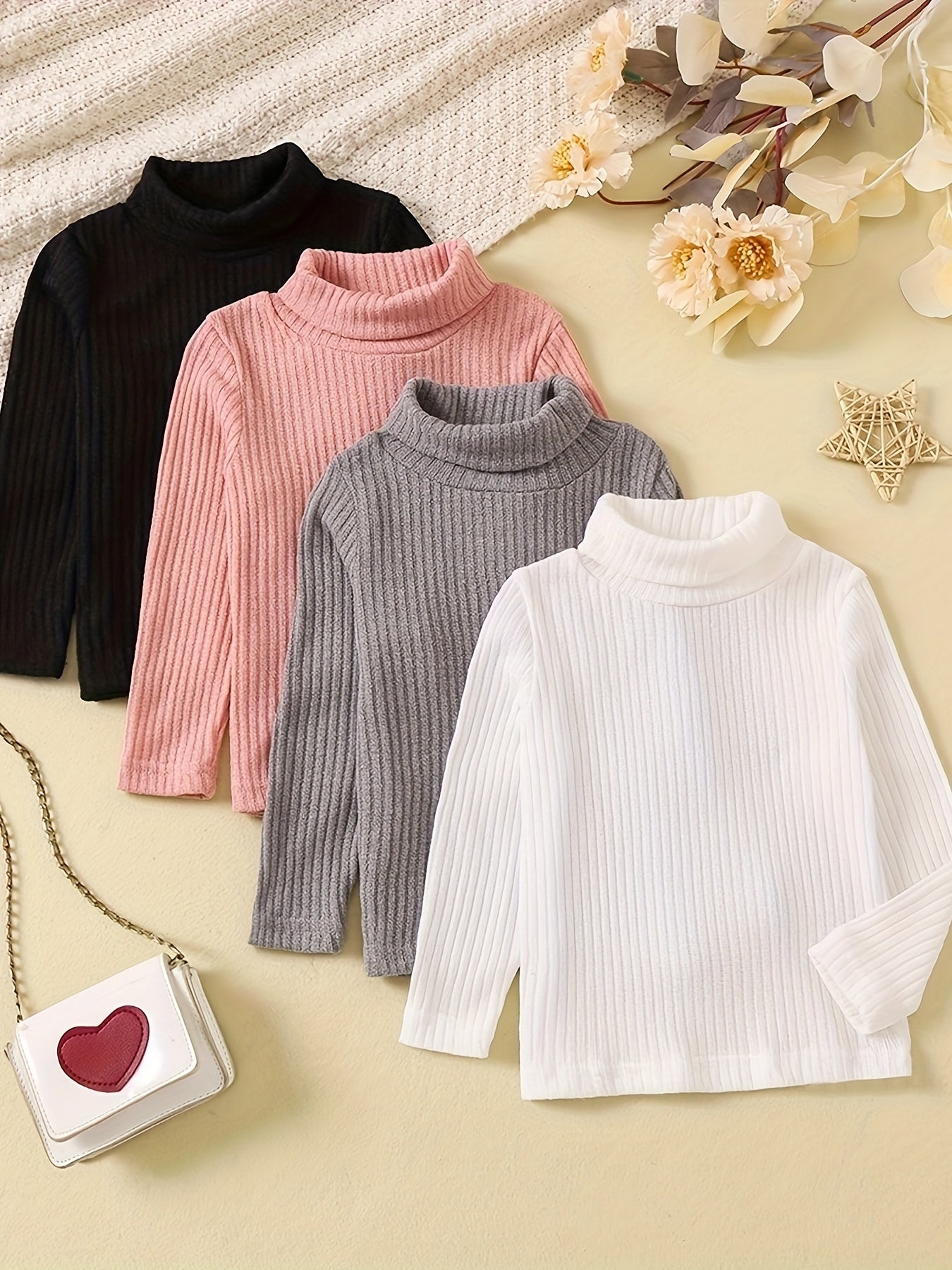 4pcs Girls Stretchy Turtleneck Set for All Seasons in black, pink, gray, and white, perfect for year-round wear.