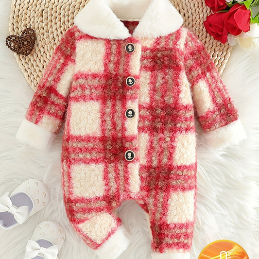 1pc Festive Plaid Fleece Baby Girl Romper for Outdoor Fun - BabyHaven