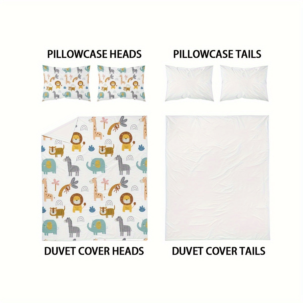 3pcs duvet cover set with cute lion, elephant and zebra