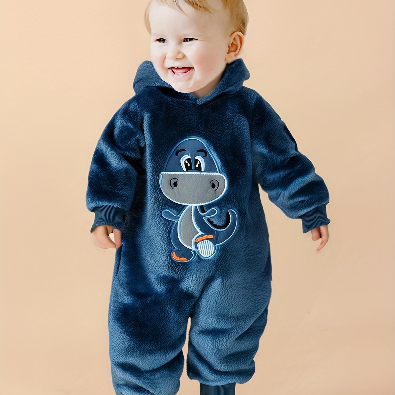 Baby's Adorable Dinosaur Embroidery Warm Fuzzy Hooded Long Sleeve Bodysuit, Toddler & Infant Boy's Outdoor Clothes For Fall Winter - BabyHaven
