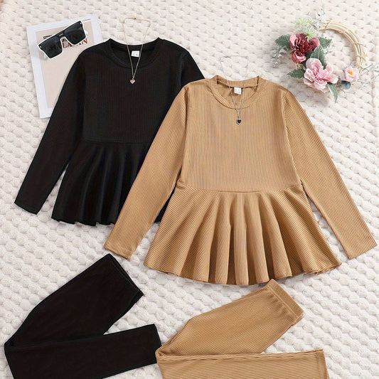 Chic two-piece set in black and brown for girls, perfect for stylish occasions.