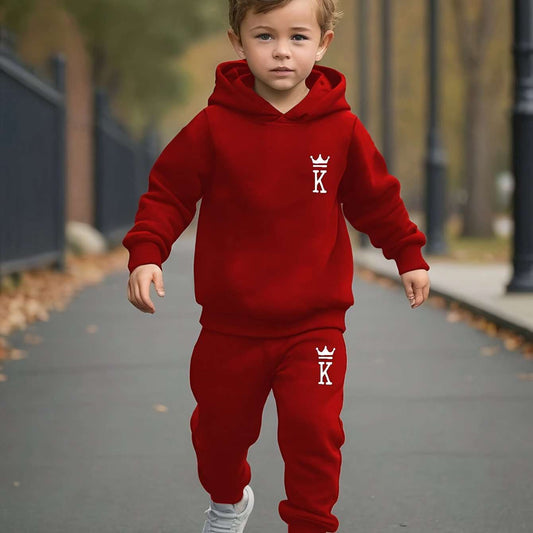 2pcs boys' casual sports hoodie and pants with king logo, autumn and winter set.