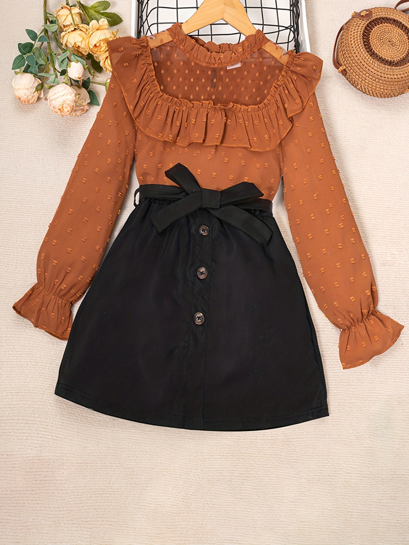 2pcs Set for Girls Featuring a Lace Patchwork Long - Sleeve Top - BabyHaven