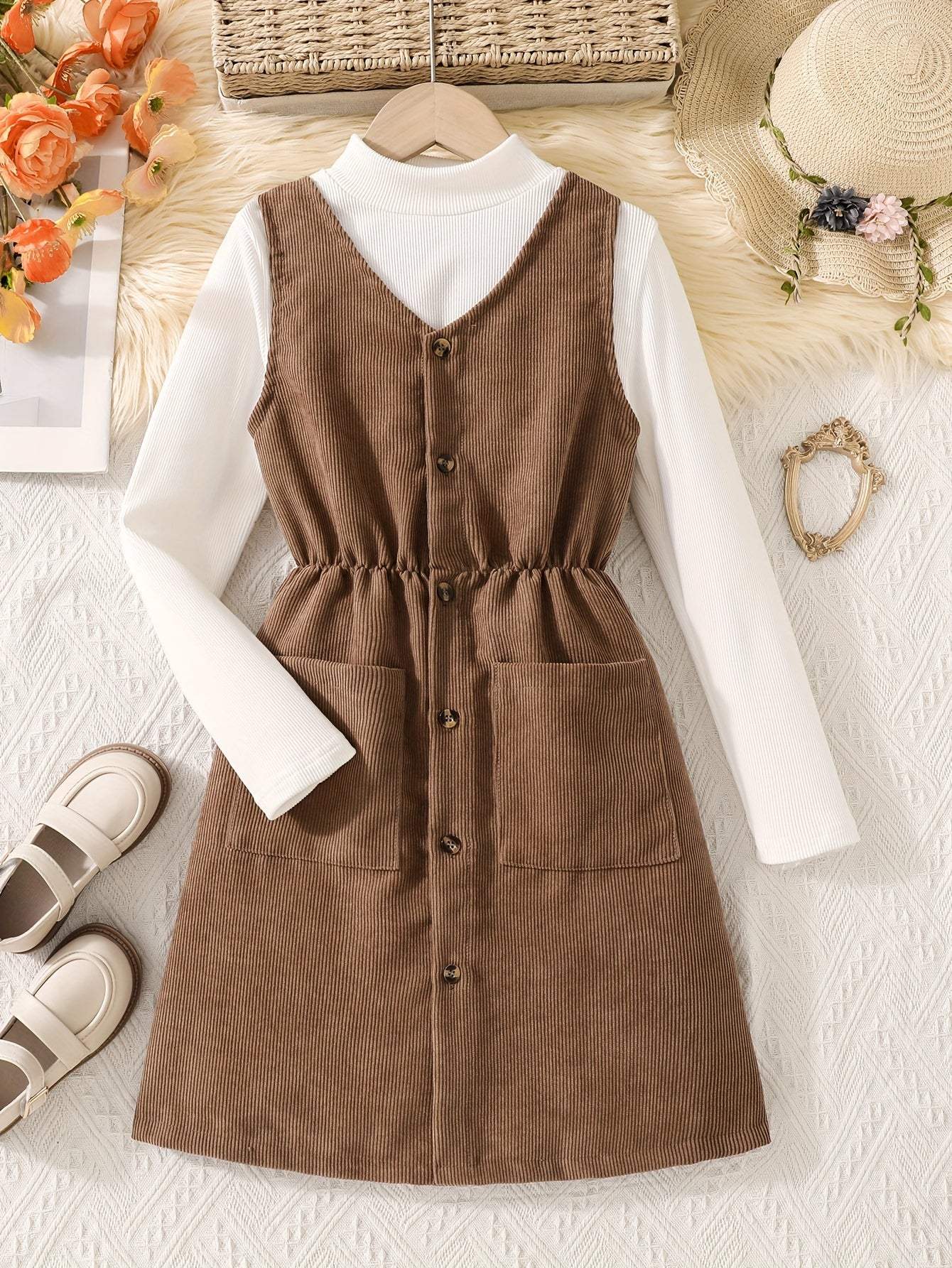 Fashionable two-piece dress with brown sleeveless buttoned vest and white long-sleeved shirt.